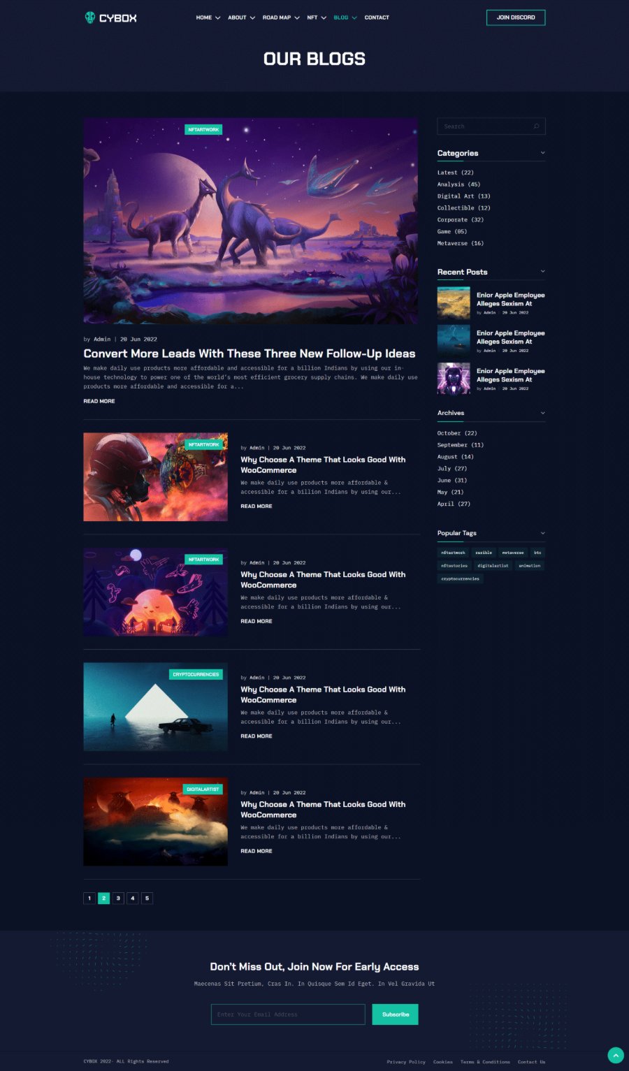 The Cybox blog index with a featured NFT-artwork post, article rows tagged nftartwork, cryptocurrencies and digitalartist, a sidebar of search, categories, recent posts, archives and popular tags, and pagination.
