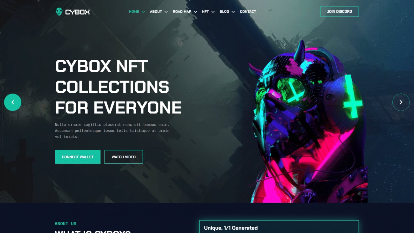 The Cybox homepage hero, a neon cyber-mask artwork behind the CYBOX NFT COLLECTIONS FOR EVERYONE headline, with Connect Wallet and Watch Video actions and the Join Discord button in the nav.