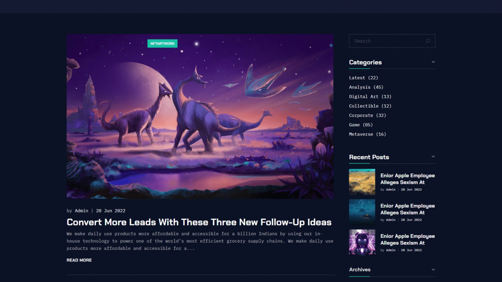 The Cybox blog index, a featured NFT-artwork post above article rows with category tags, beside a sidebar of search, categories, recent posts and archives.