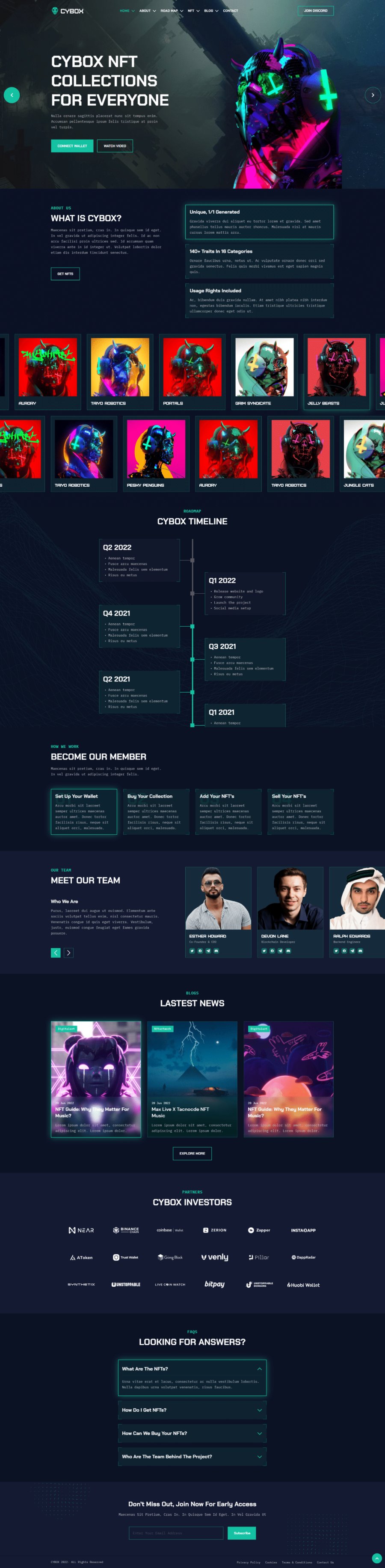 The Cybox homepage from the neon cyber-mask hero through the What Is Cybox panels, the NFT collection gallery rows, the Cybox Timeline, Become Our Member steps, team profiles, latest news, investor logos and the FAQ accordion.