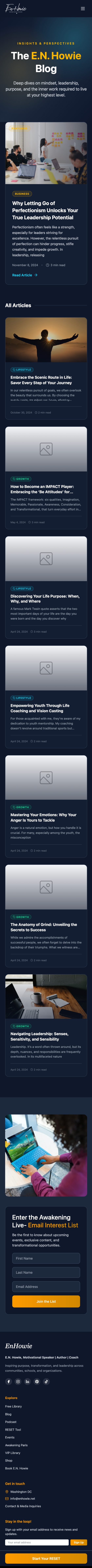 The E.N. Howie blog — the Insights & Perspectives hero, a featured leadership article, the All Articles feed with category tags and read times, and the Awakening Live email interest form.
