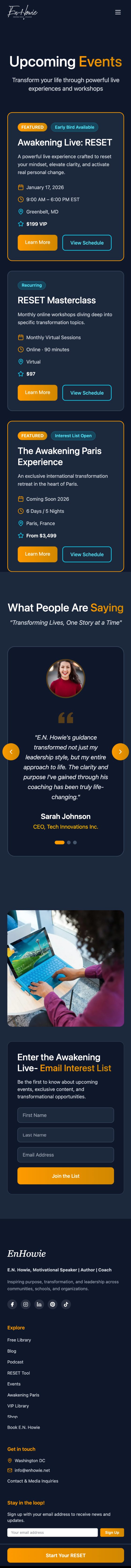 The mobile Upcoming Events page — Awakening Live: RESET, the RESET Masterclass, and The Awakening Paris Experience as cards with dates, format, location and pricing, followed by testimonials and the email interest form.