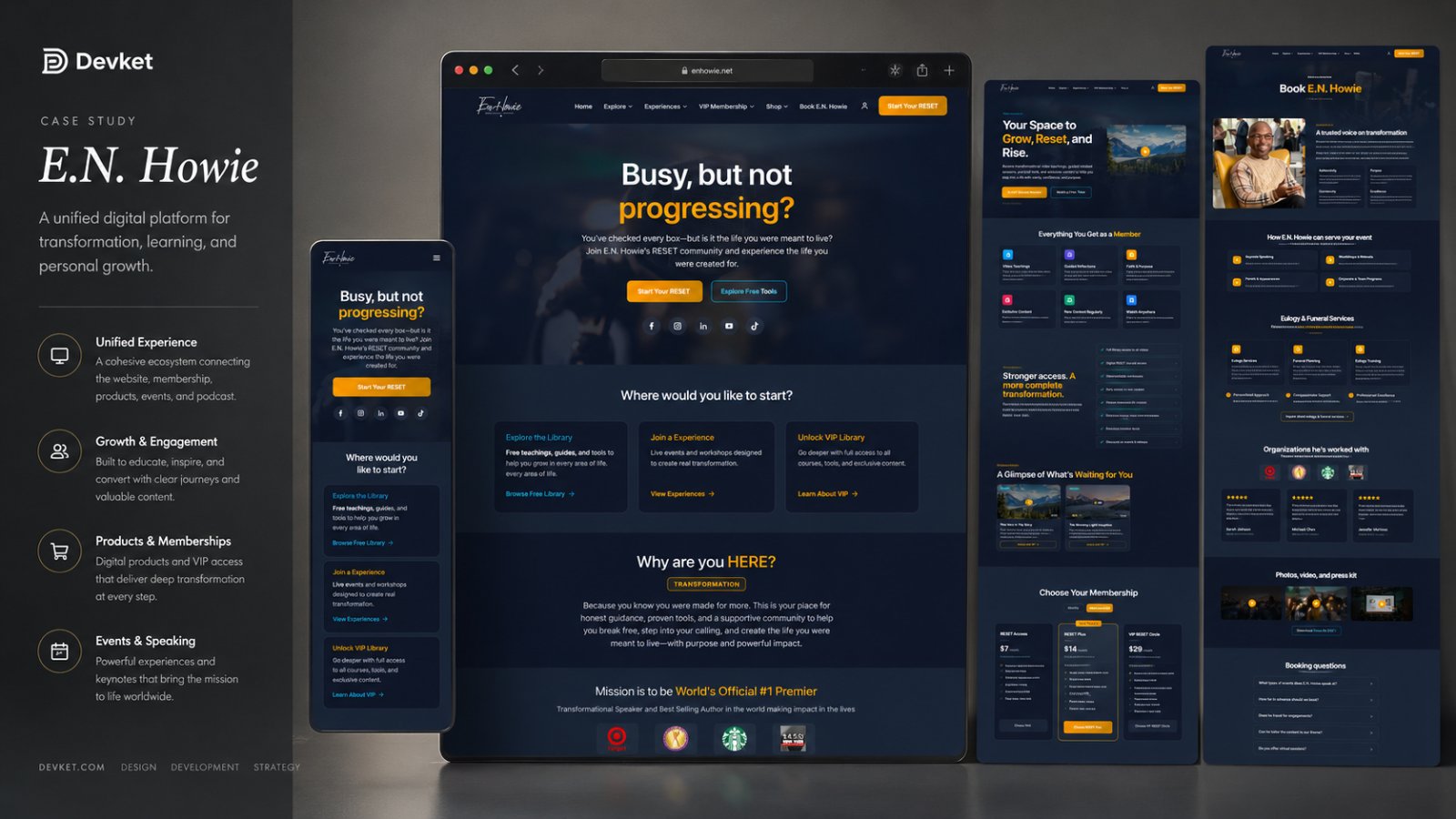 Devket case-study board for E.N. Howie, the desktop homepage in a browser window with its "Busy, but not progressing?" hero, the mobile homepage beside it, and the VIP membership and Book E.N. Howie pages, alongside notes on unified experience, growth, products and memberships, and events and speaking.
