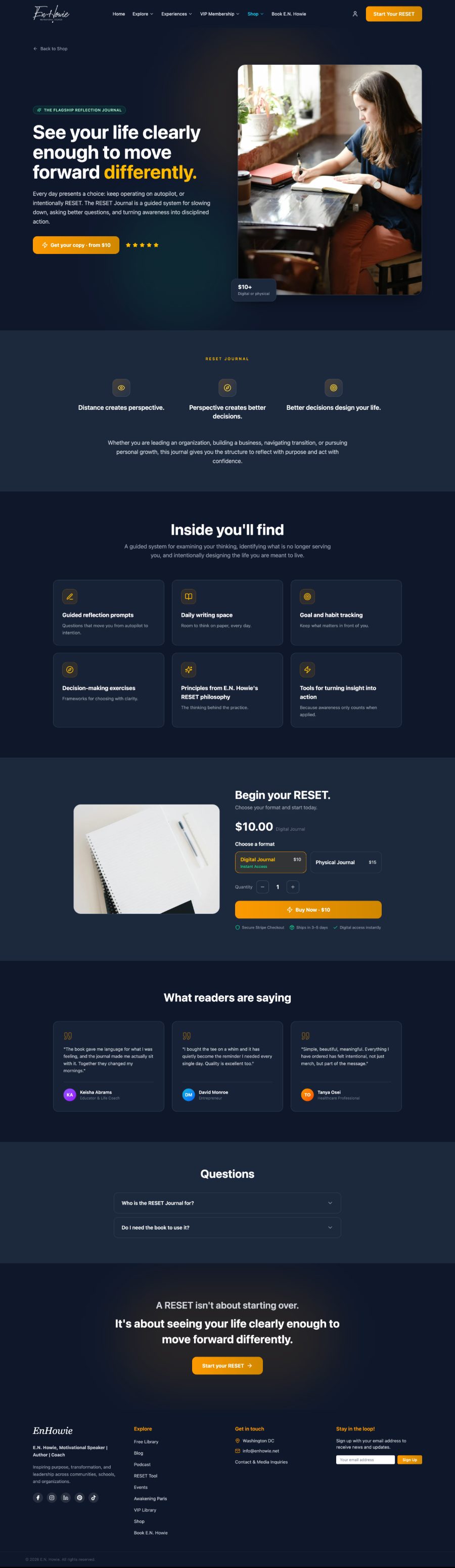 The RESET Journal product page — the hero with editorial photography, the “Inside you’ll find” feature grid, the purchase module with digital and physical format selection and quantity, reader testimonials, and questions.