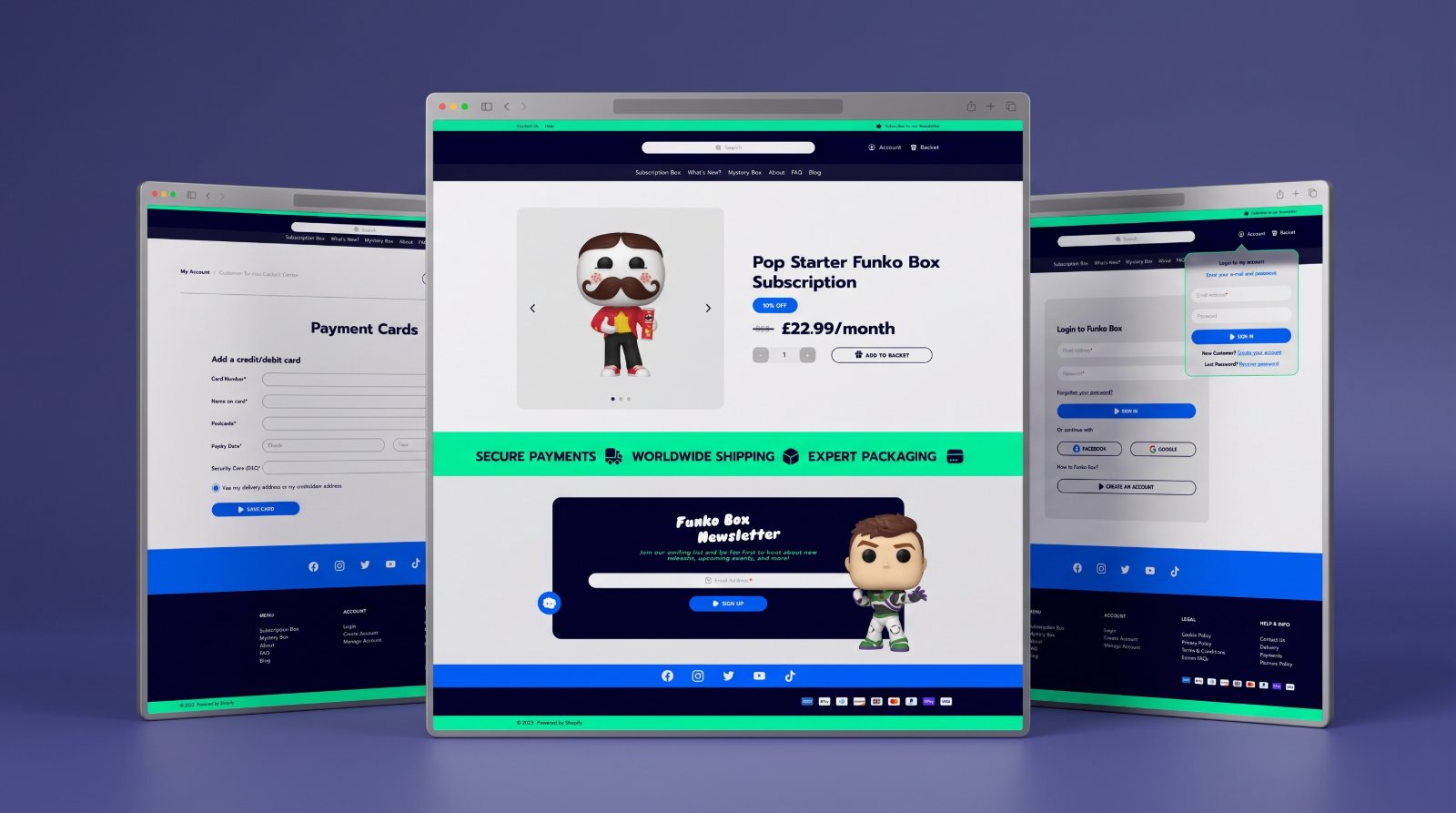 Three browser windows on a violet backdrop, the Payment Cards account form, the Pop Starter Funko Box Subscription product page at £22.99/month with the secure-payments banner and newsletter block, and the Login to Funko Box screen.