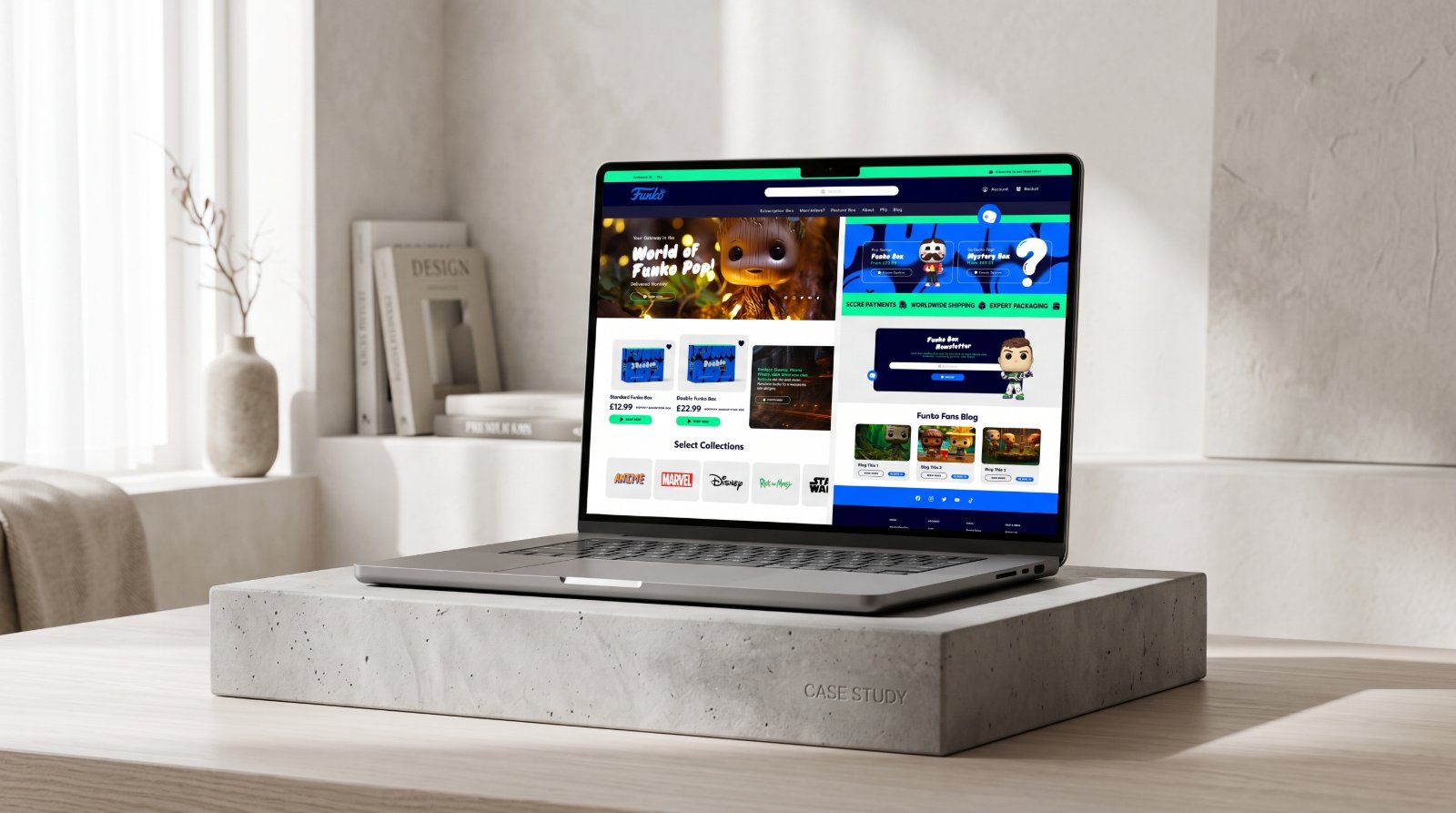 A laptop on a concrete “CASE STUDY” plinth in a bright interior, showing the Funko Box homepage with the World of Funko Pop hero, subscription tiers, Select Collections, and the Funko Fans Blog.