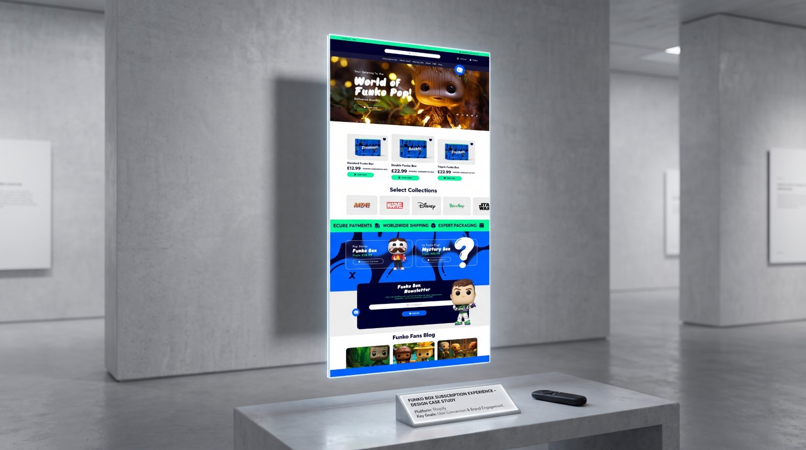 The full Funko Box homepage displayed as a tall backlit panel in a gallery space, with a plinth plaque reading “Funko Box Subscription Experience – Design Case Study, Platform: Shopify”.