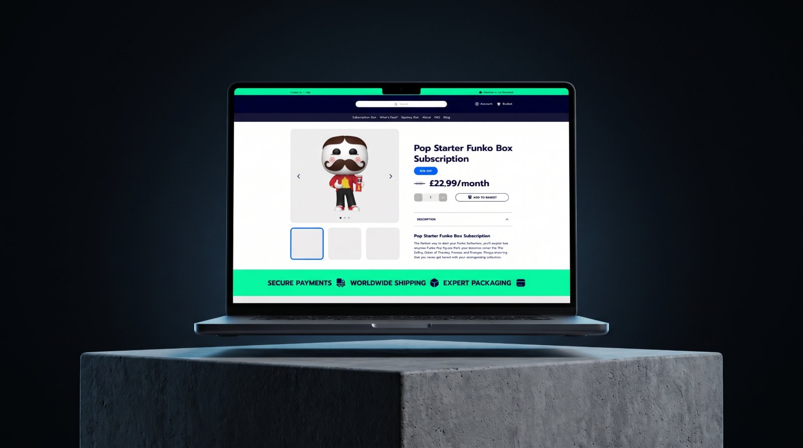 A laptop floating above a concrete plinth in a dark studio, showing the Pop Starter Funko Box Subscription product page with price, Add to Basket, and the secure payments banner.