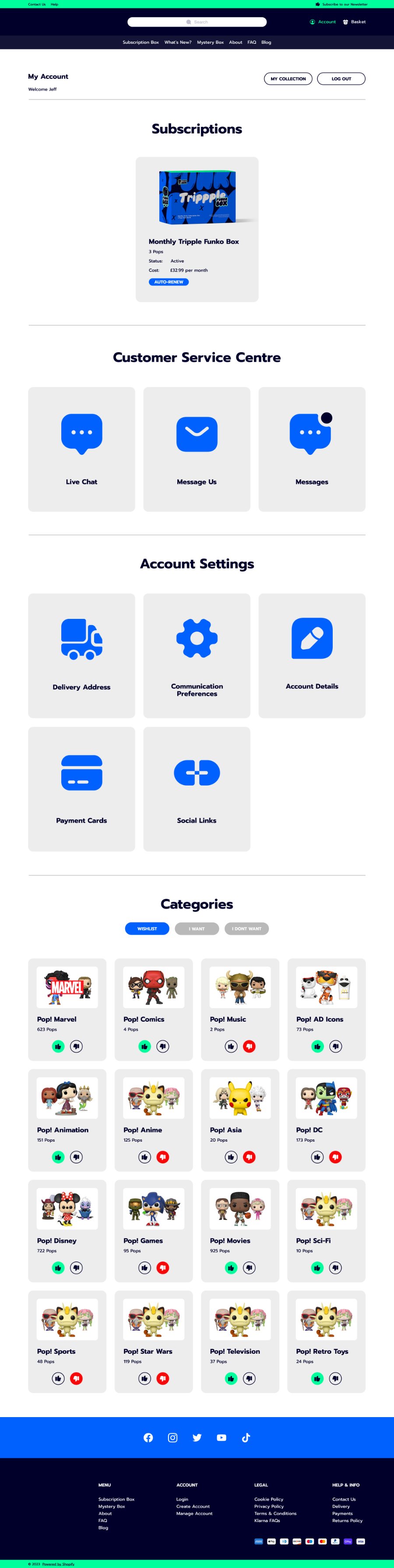 The My Account page showing the Monthly Tripple Funko Box subscription with Active status and auto-renew, Live Chat, Message Us and Messages tiles, account setting tiles, and a categories wishlist with thumbs up and down controls.