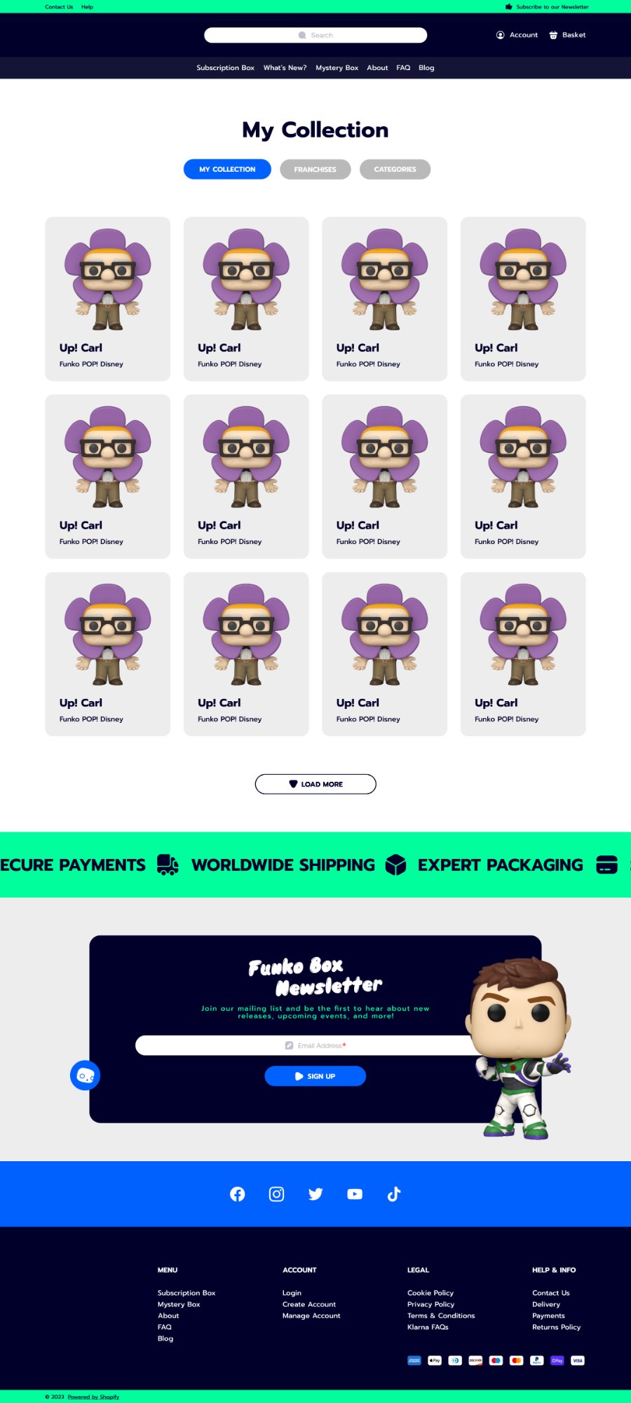 The My Collection page with My Collection, Franchises and Categories tabs above a grid of owned Funko POP! Disney figures and a Load More button.