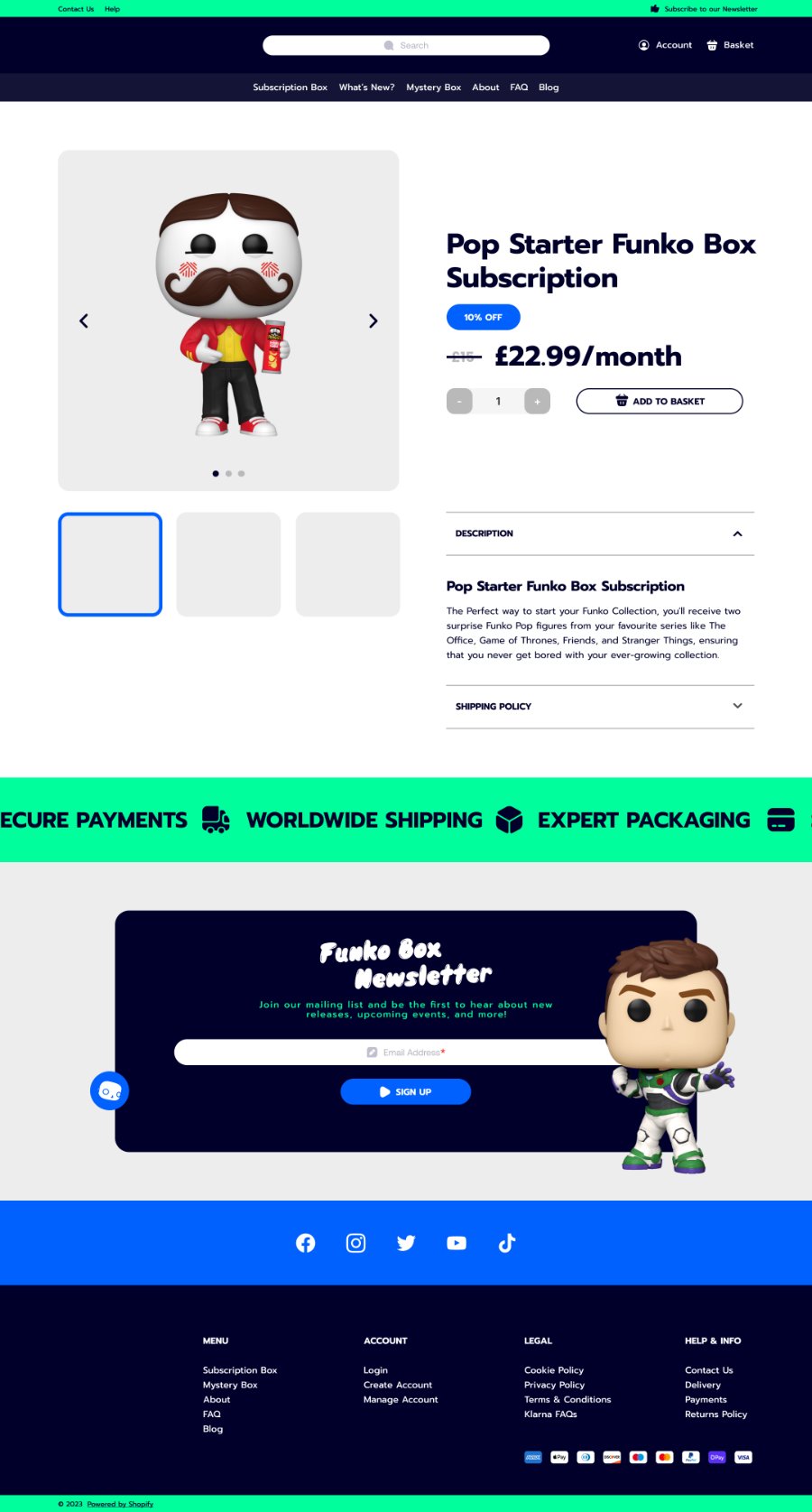 The Pop Starter Funko Box Subscription page showing the product gallery with thumbnails, 10% off badge, £22.99 per month price, quantity stepper, Add to Basket, and expandable description and shipping policy.