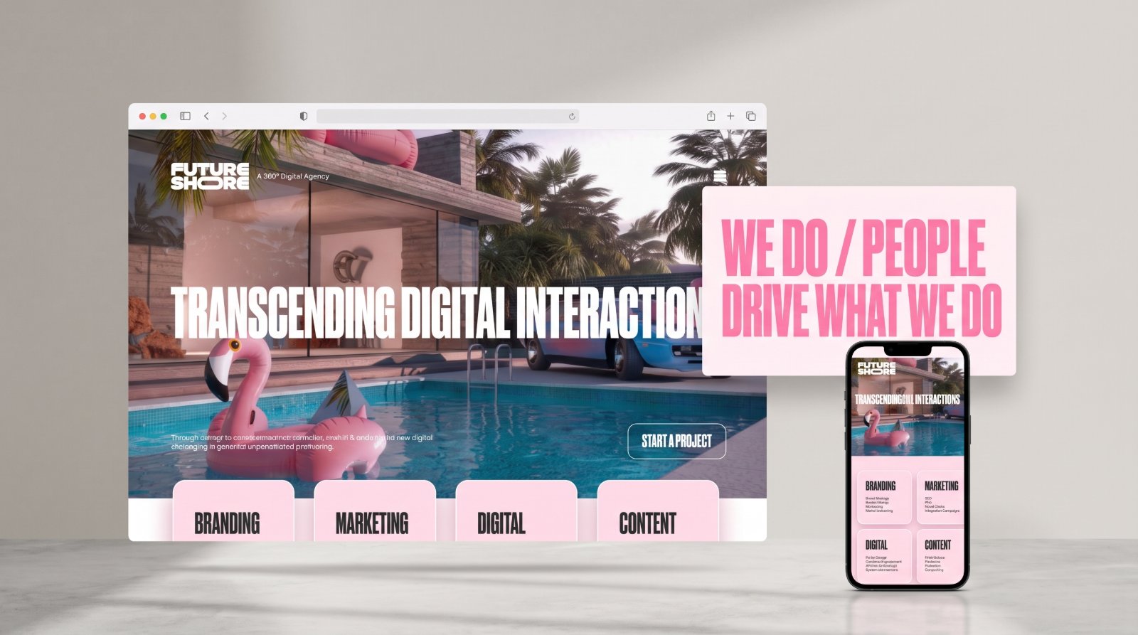 The Future Shore homepage on a marble surface, the Transcending Digital Interactions hero over a pool and flamingo scene with Branding, Marketing, Digital and Content cards, a pink We Do / People Drive What We Do panel, and the mobile layout beside it.