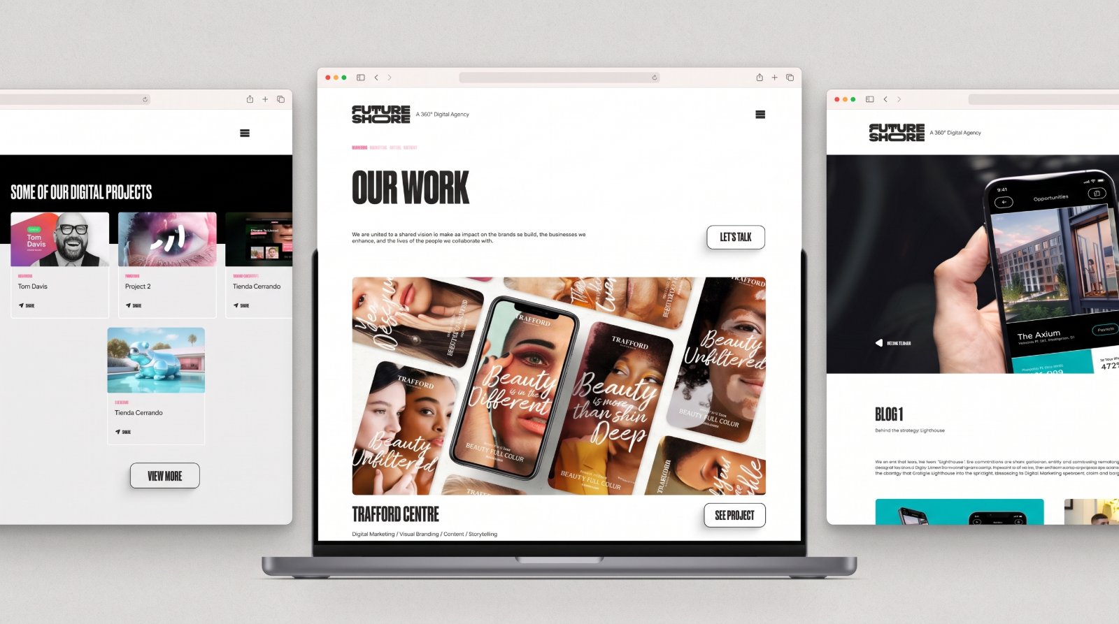 The Our Work page open on a laptop showing the Trafford Centre project, flanked by a Some Of Our Digital Projects grid and a blog page with a property app screen.