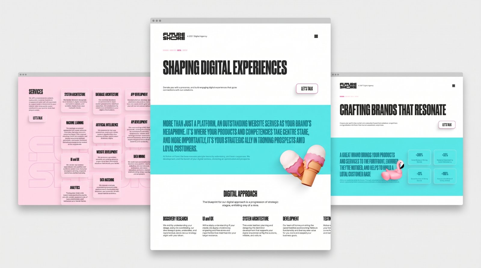 Three Future Shore pages side by side, a pink Services grid of capability cards, the Shaping Digital Experiences page with its Digital Approach stages, and the Crafting Brands That Resonate page with outcome tiles.