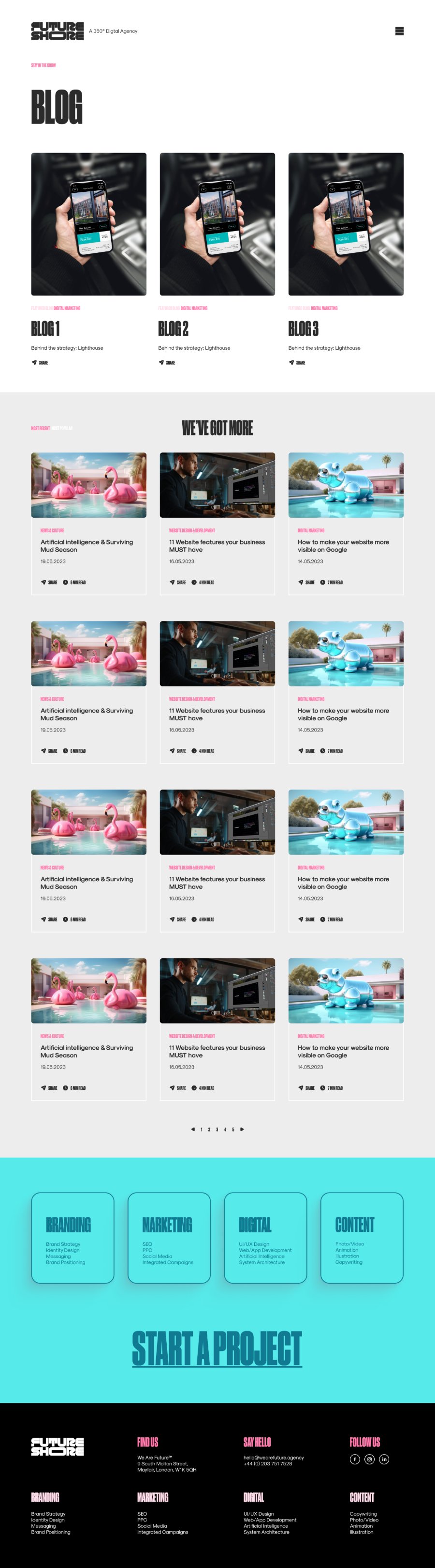 The Future Shore blog index with three featured posts above a paginated We’ve Got More grid of articles showing category, date and read time.