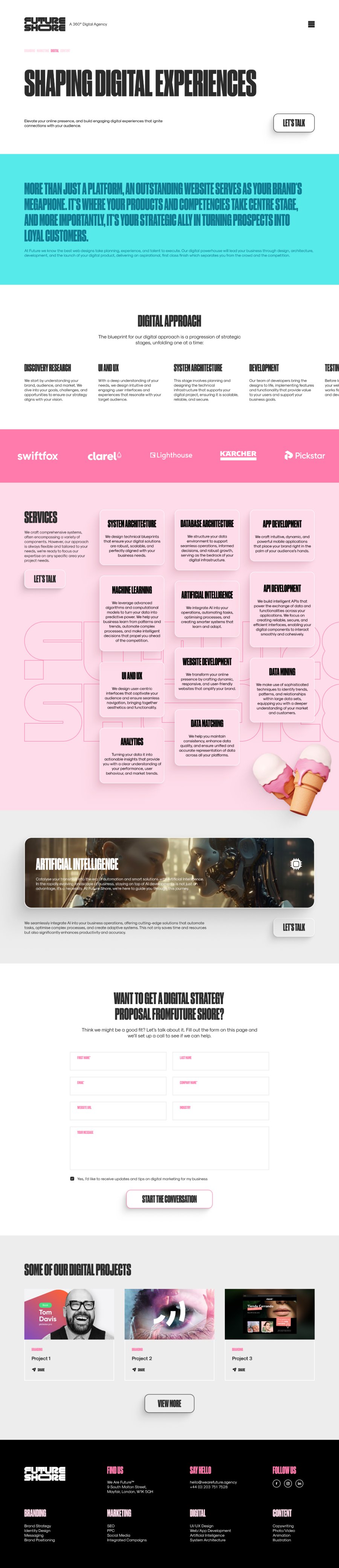 The Shaping Digital Experiences service page with its turquoise statement band, the Digital Approach stages, a pink Services grid of capability cards, an Artificial Intelligence panel, and the proposal form.