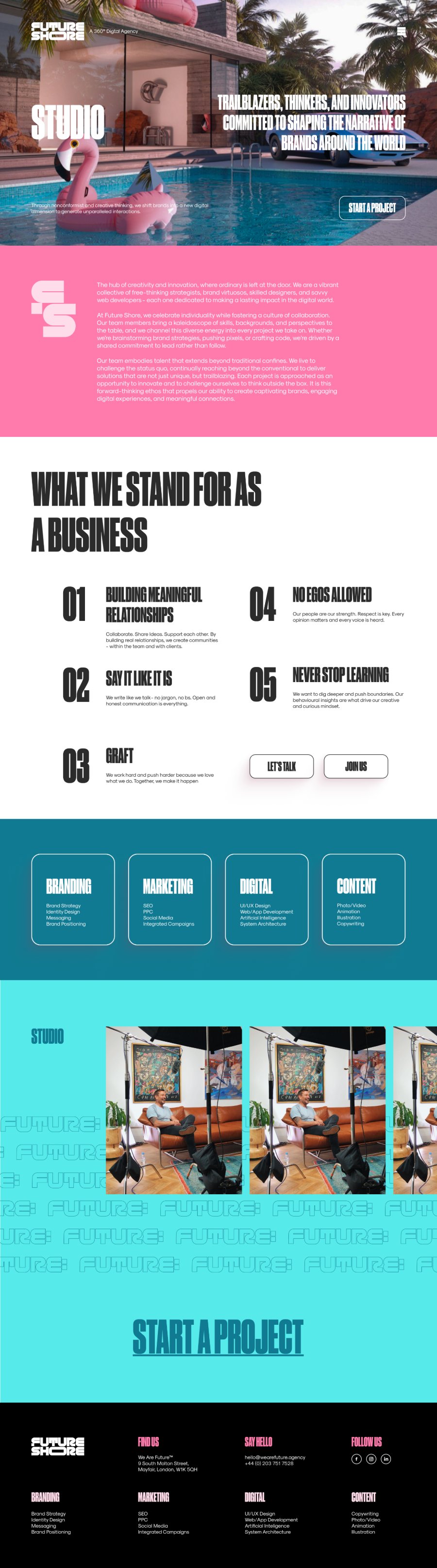 The Future Shore Studio page with its hero, a pink introduction panel, the What We Stand For As A Business principles, capability cards and a studio image strip.
