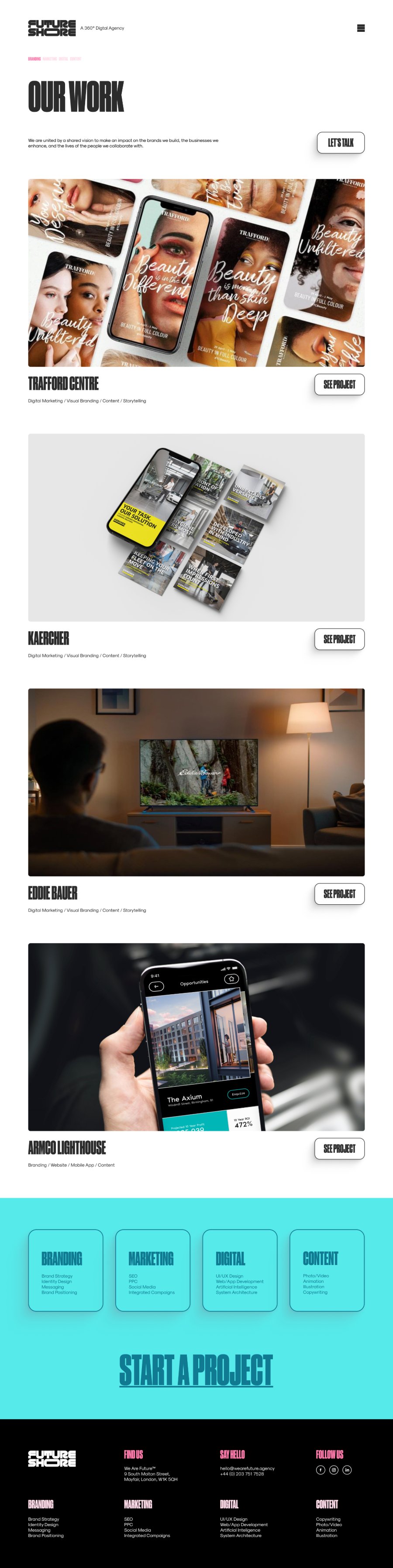 The Our Work page listing Trafford Centre, Kaercher, Eddie Bauer and Arnco Lighthouse, each with a full-width image, discipline list and See Project button.