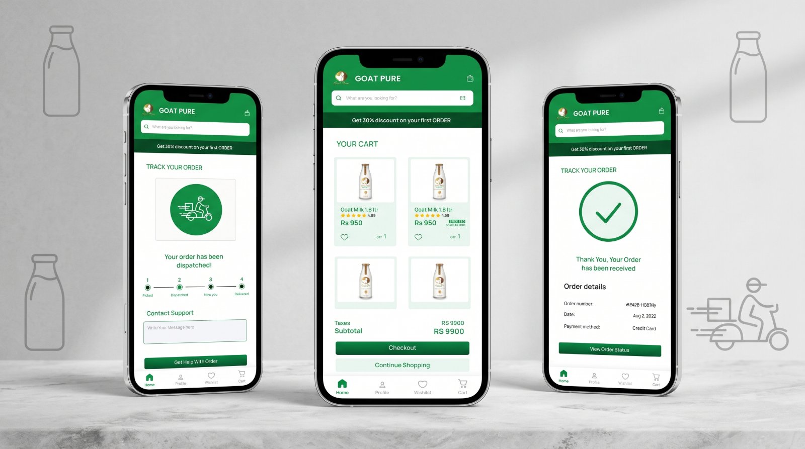 Three Goat Pure phones on a marble surface against bottle and delivery-rider line art, order tracking with its four-stage progress, the cart with goat milk bottles and subtotal, and the order-received confirmation.