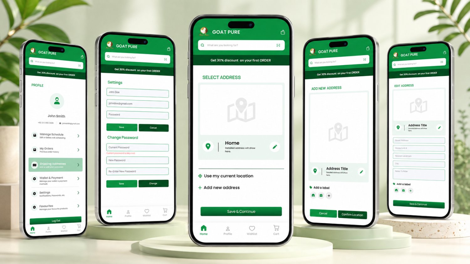 Five Goat Pure account screens, the profile hub, settings with change password, Select Address with map and Home entry, Add New Address, and Edit Address with labels.