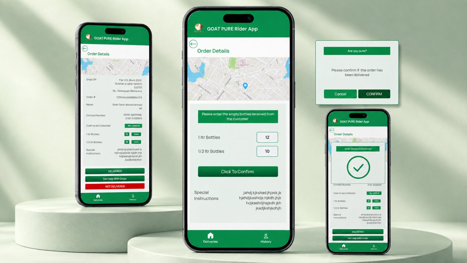 Goat Pure Rider App order details beside the empty-bottle entry screen asking for 1 ltr and 1/2 ltr counts with Click To Confirm, an Are you sure? confirmation dialog, and the confirmed delivery state.
