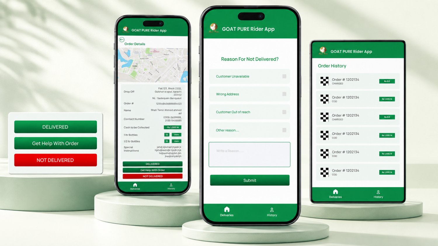 The Goat Pure Rider App Delivered, Get Help With Order and Not Delivered actions, the Reason For Not Delivered screen with its four options and free-text field, and the Order History list.