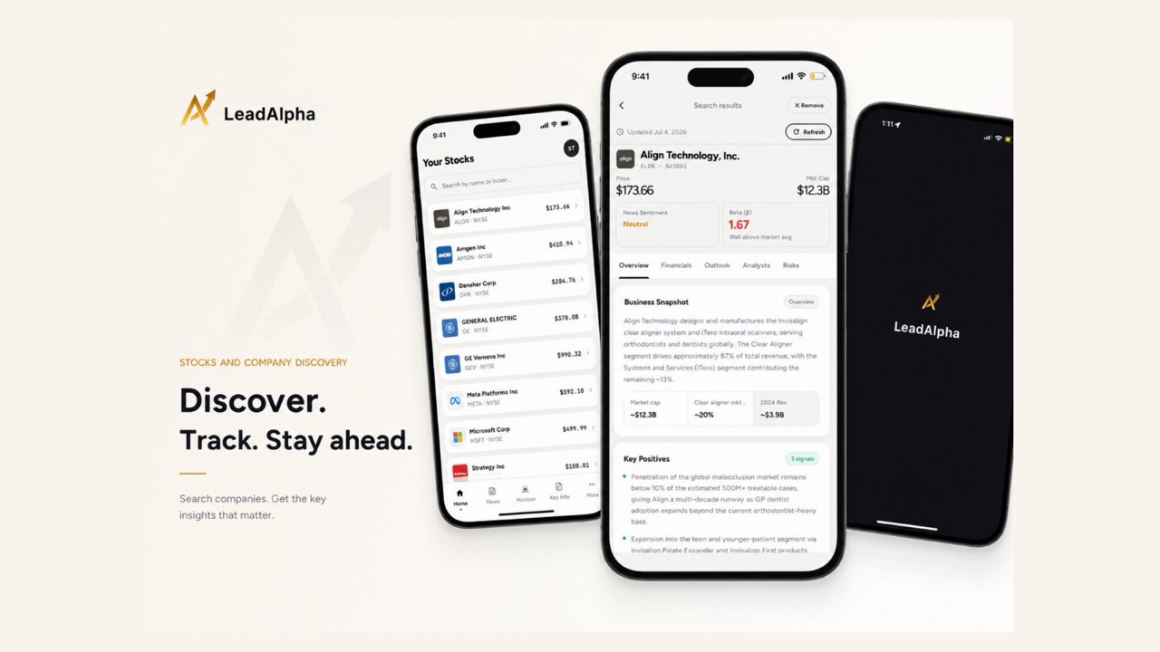 LeadAlpha shown on three phones, the Your Stocks list with tracked companies and prices, an Align Technology research view with price, market cap, news sentiment and a business snapshot, and the LeadAlpha splash screen, beside the headline “Discover. Track. Stay ahead.”