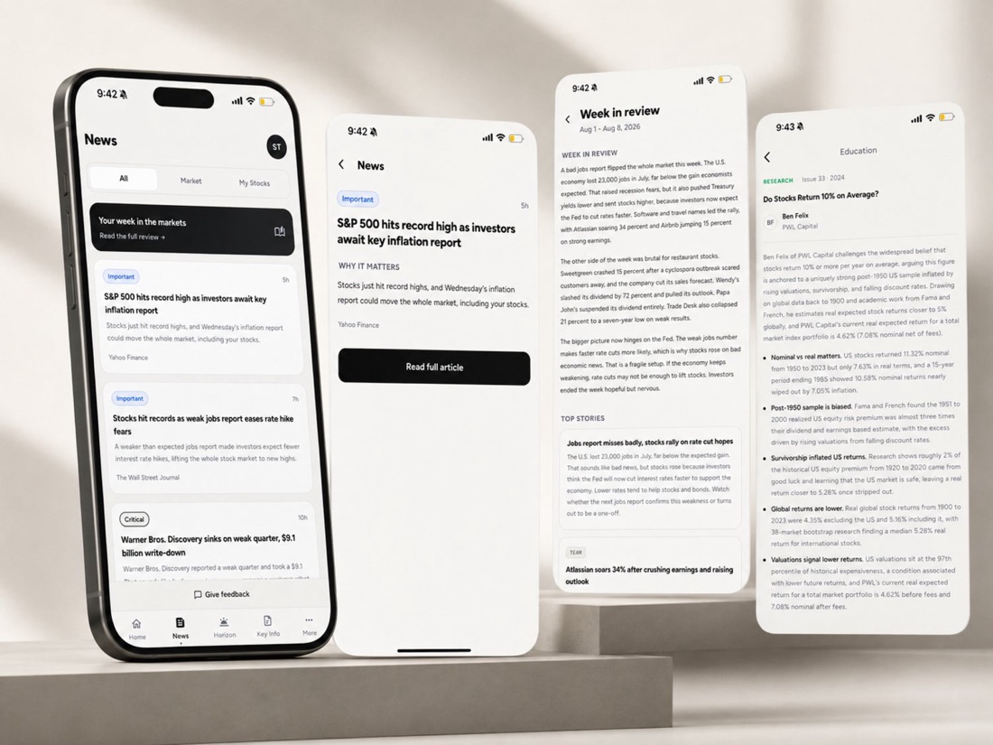 The News feed with importance-tagged stories, an article view explaining why it matters, the Week in Review summary, and a research digest.