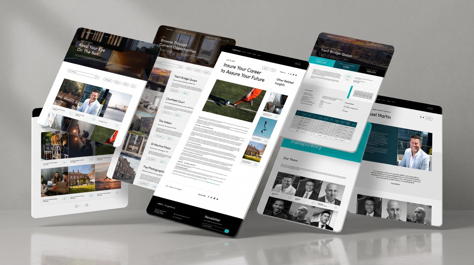 Five Lighthouse pages arranged as a tilted array, Insights, current opportunities, an article page, a property financials page, and a team profile.