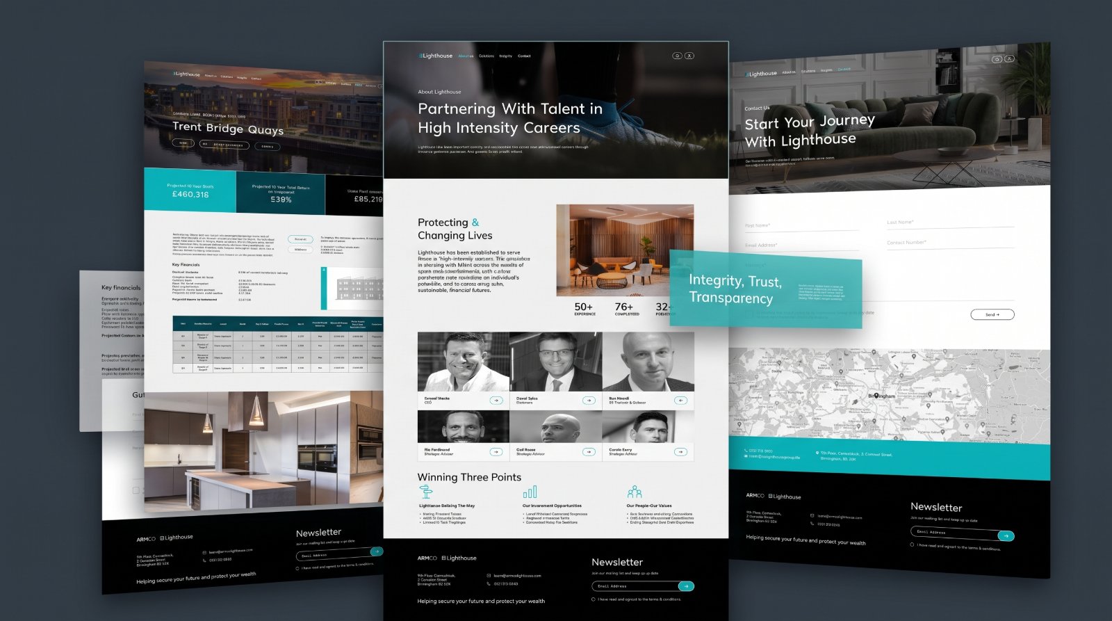 Three Lighthouse pages overlapping, a Trent Bridge Quays property page with projected returns, the About page with the leadership team, and the Contact page with an enquiry form and map.
