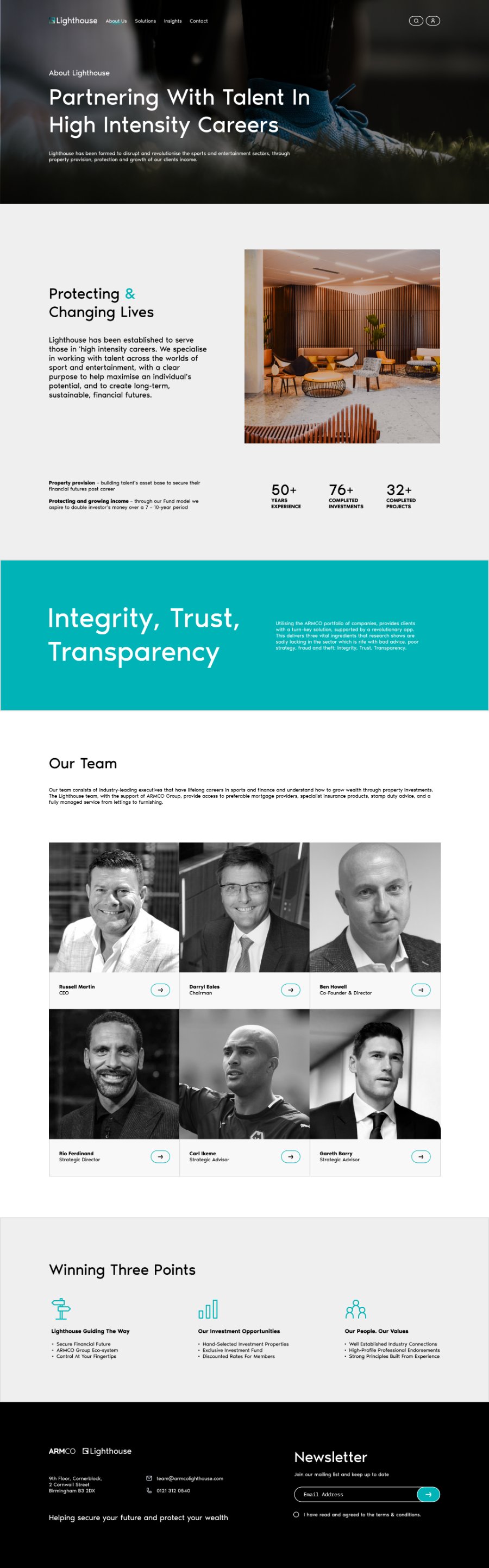 The Lighthouse About page showing the Protecting & Changing Lives section, experience statistics, a full-bleed Integrity, Trust, Transparency panel, the leadership team grid, and the Winning Three Points summary.