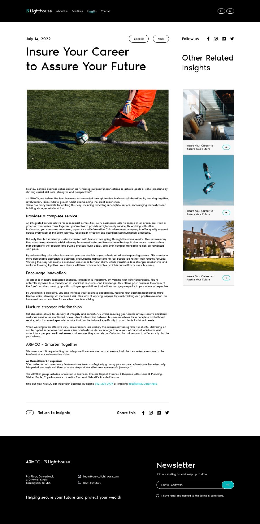 A Lighthouse insight article with date, category tags, a large headline, a feature image, subheaded body copy, an Other Related Insights sidebar, and return and share controls.