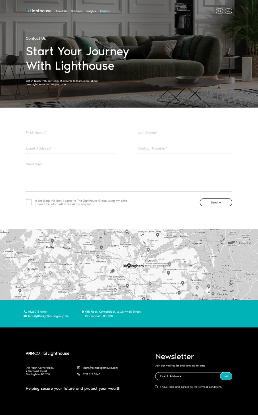 The Lighthouse Contact page with the Start Your Journey hero, an enquiry form with consent checkbox, a Birmingham map, and a teal contact band with phone, email, and address.