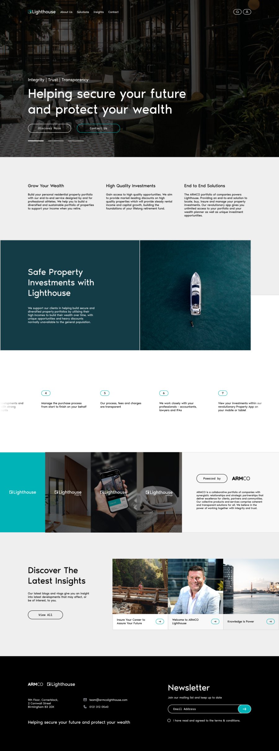 The Lighthouse homepage scrolling from the “Helping secure your future and protect your wealth” hero through the three value pillars, the Safe Property Investments panel, the numbered process, the ARMCO ecosystem strip, and the latest insights.