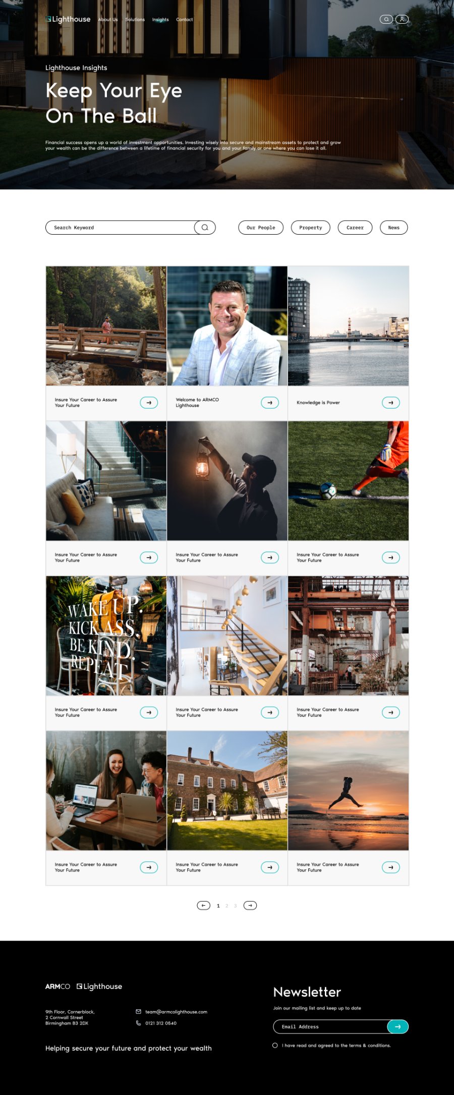 The Lighthouse Insights page with the Keep Your Eye On The Ball hero, keyword search, category filters, and a twelve-item grid of article cards with pagination.
