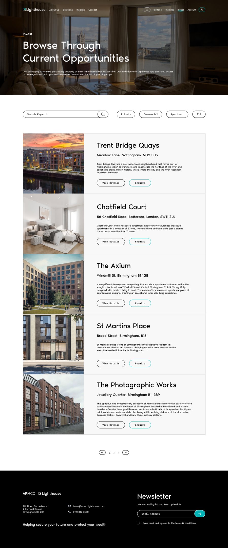 The Lighthouse Invest page with keyword search, Private, Commercial, Apartment and All filters, and property cards for Trent Bridge Quays, Chatfield Court, The Axium, St Martins Place, and The Photographic Works.