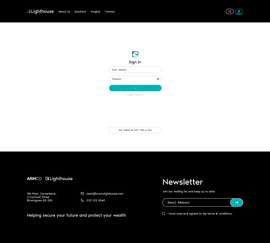 The Lighthouse Sign In page with a centered logo, email and password fields, a forgotten-password link, and a “Not Signed Up Yet? Take A Tour” button.
