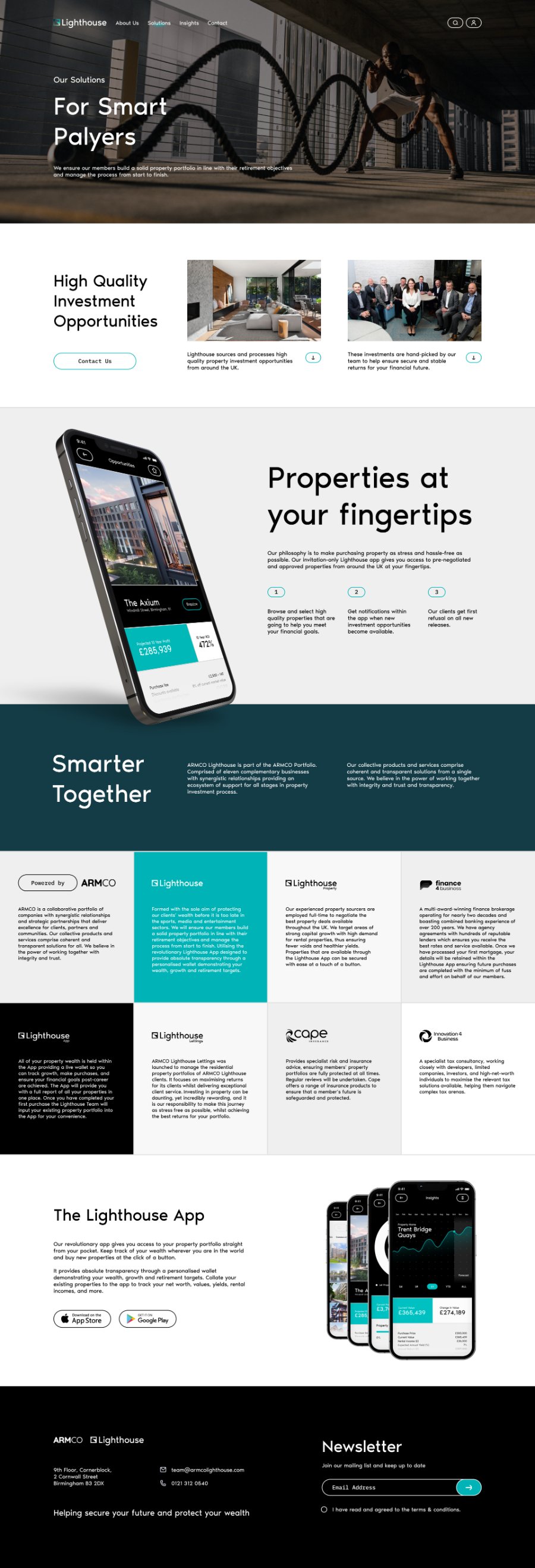 The Lighthouse Solutions page covering high-quality investment opportunities, the Properties at your fingertips app section, the Smarter Together ecosystem grid, and the Lighthouse App download panel.