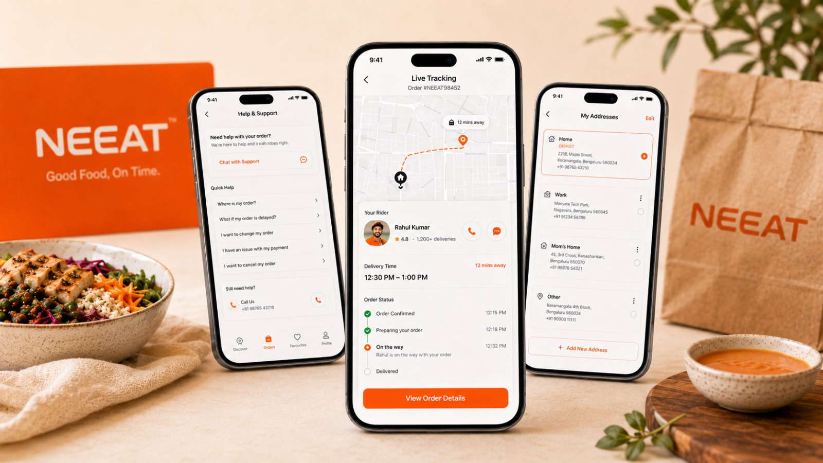 Three NEEAT phones on a warm beige set, the Chicken Teriyaki Bowl detail with 520 kcal, macro breakdown, ingredients and allergens; the Discover home with dietary filter chips and Top Picks for You; and a High Protein results grid, beside NEEAT branded packaging.