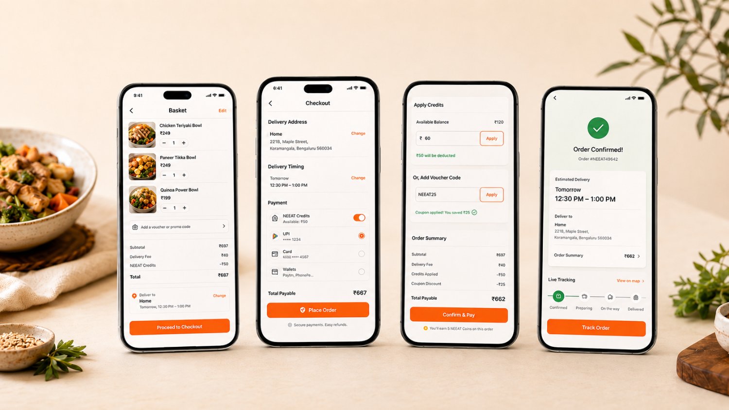 Four NEEAT screens, the Basket with a running total, Checkout with delivery address, timing and payment options, Apply Credits with a voucher code and order summary, and the Order Confirmed screen with live tracking stages.