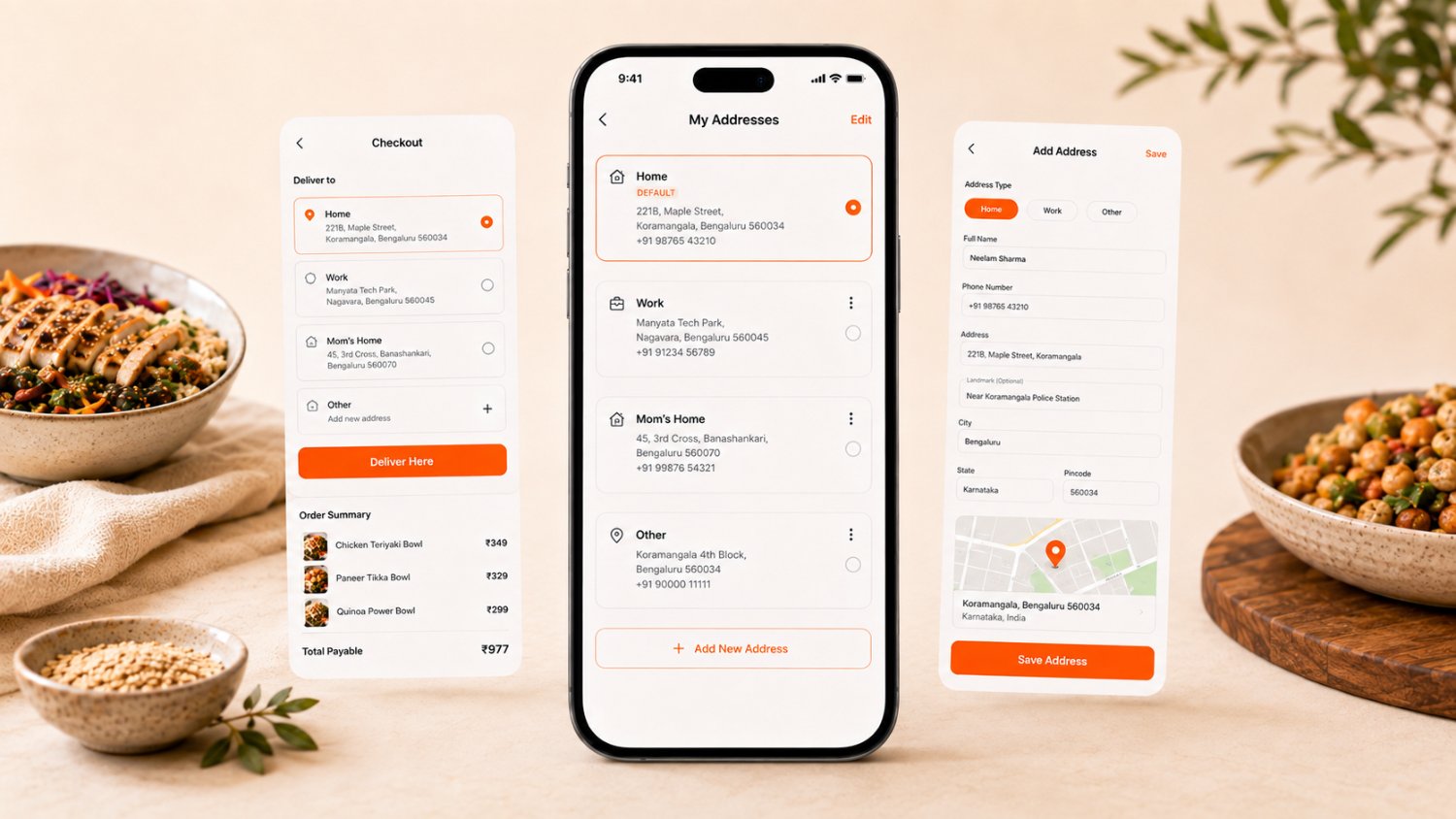 Three NEEAT screens, checkout address selection with an order summary, the My Addresses list showing Home as default alongside Work and other saved locations, and the Add Address form with address type, landmark and map pin.