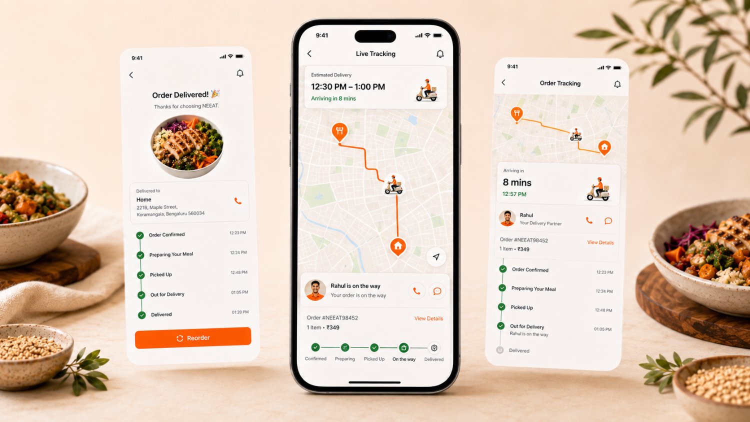 Three NEEAT tracking screens, the Order Delivered summary with a timestamped status trail and Reorder, the Live Tracking map showing the rider en route with an eight-minute arrival, and the Order Tracking detail with rider contact.