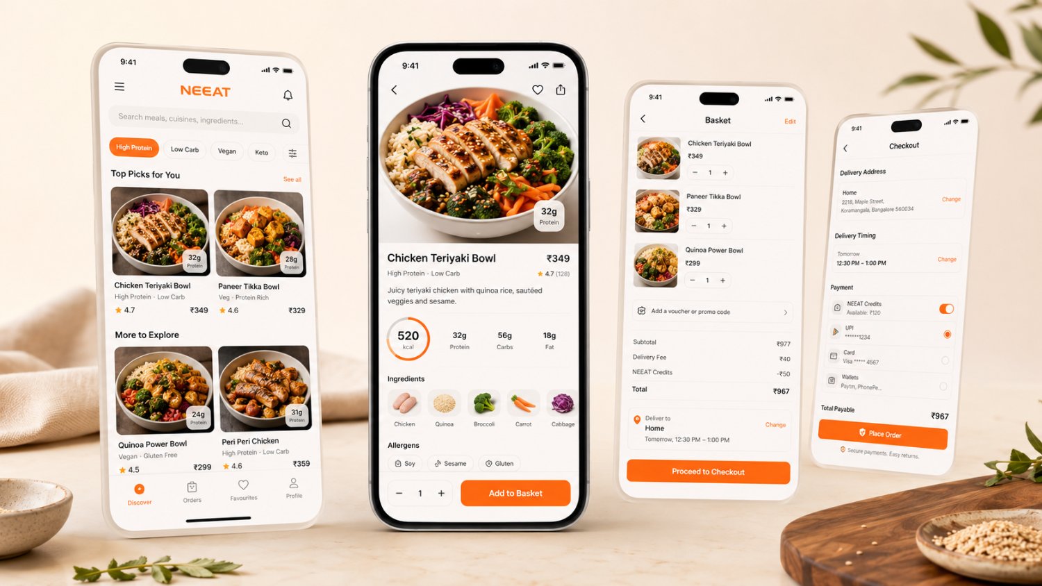 Four NEEAT screens, the Discover home with High Protein, Low Carb, Vegan and Keto filters and Top Picks; the Chicken Teriyaki Bowl detail with macros, ingredients and allergens; the Basket with quantity steppers; and the Checkout screen.