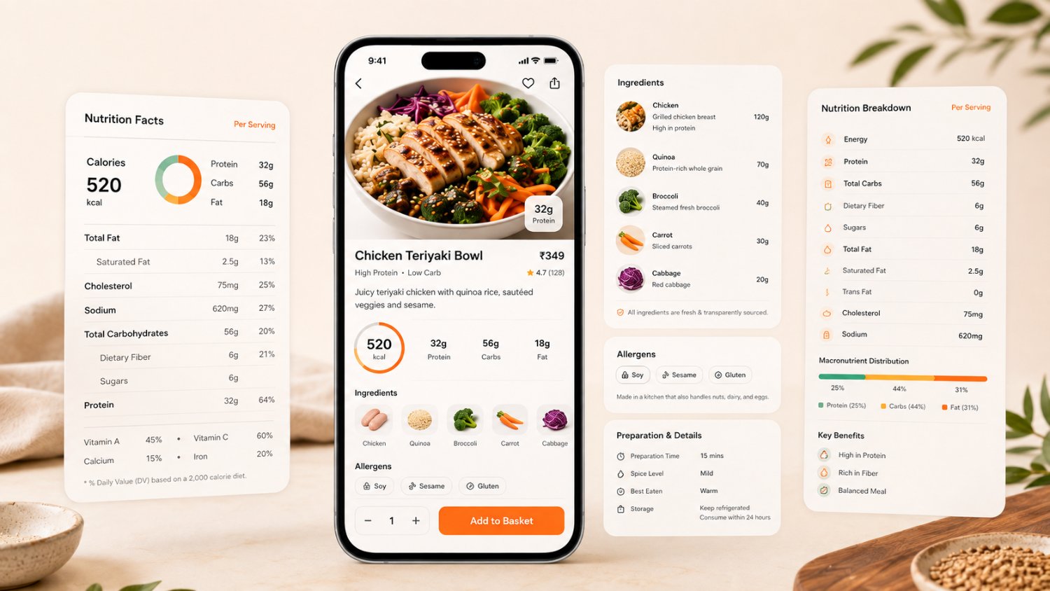 The NEEAT meal detail flanked by a Nutrition Facts panel with daily values, an Ingredients list with per-item weights, allergens, preparation details, and a Nutrition Breakdown with macronutrient distribution and key benefits.
