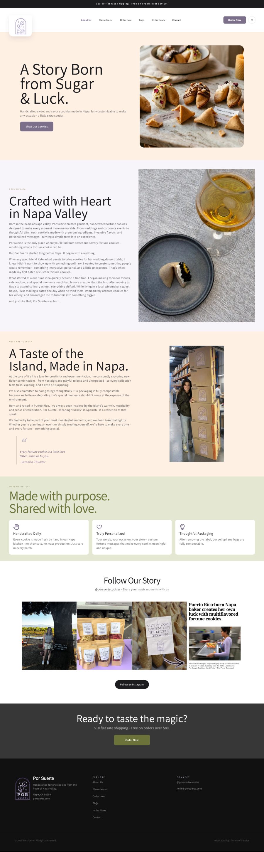 The Por Suerte About page — the “A Story Born from Sugar & Luck” hero, Crafted with Heart in Napa Valley, the founder story, the purpose cards, and the Instagram strip.