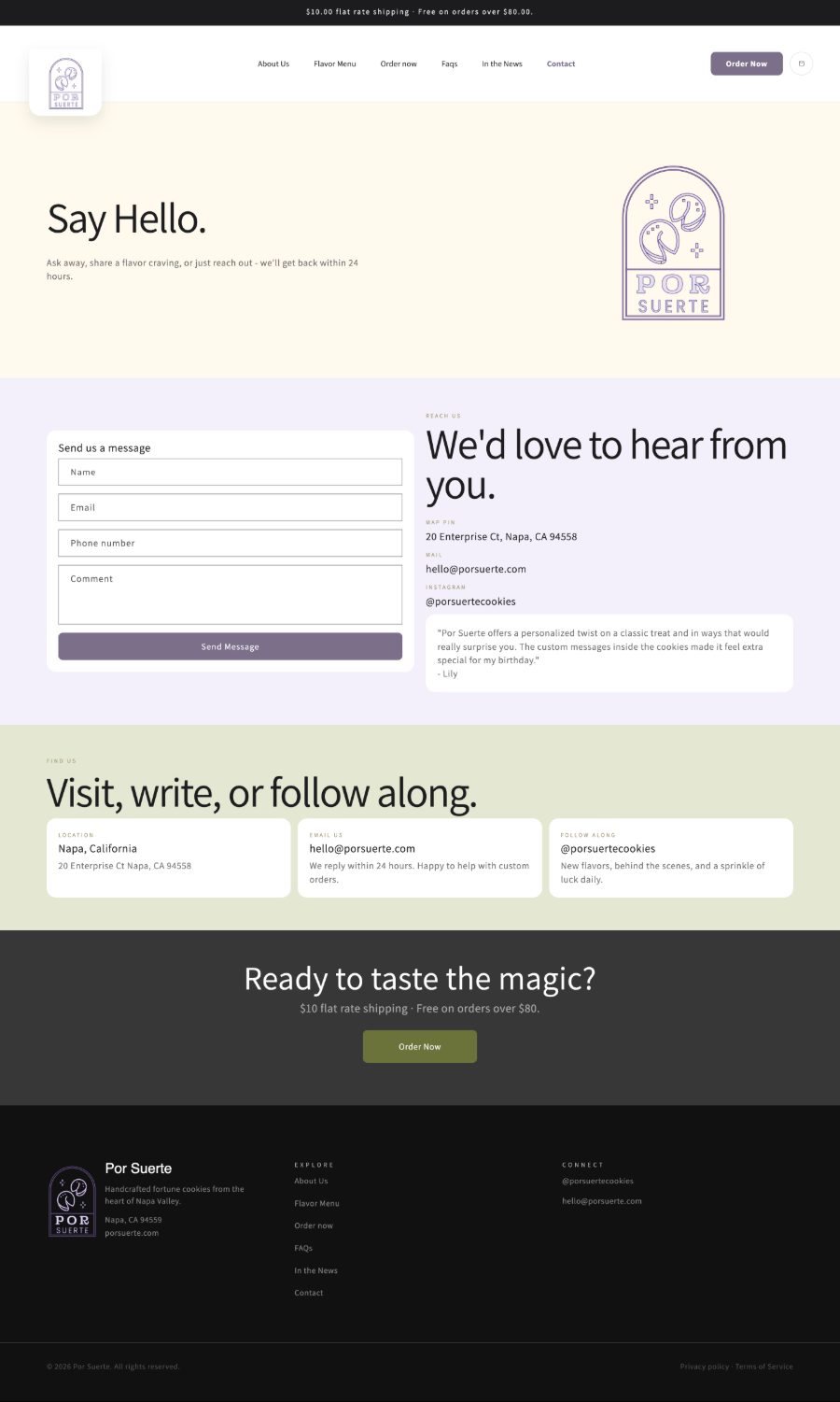 The Por Suerte contact page — the “Say Hello” hero with the brand mark, the message form, the reach-us details, and three information cards for location, email, and Instagram.