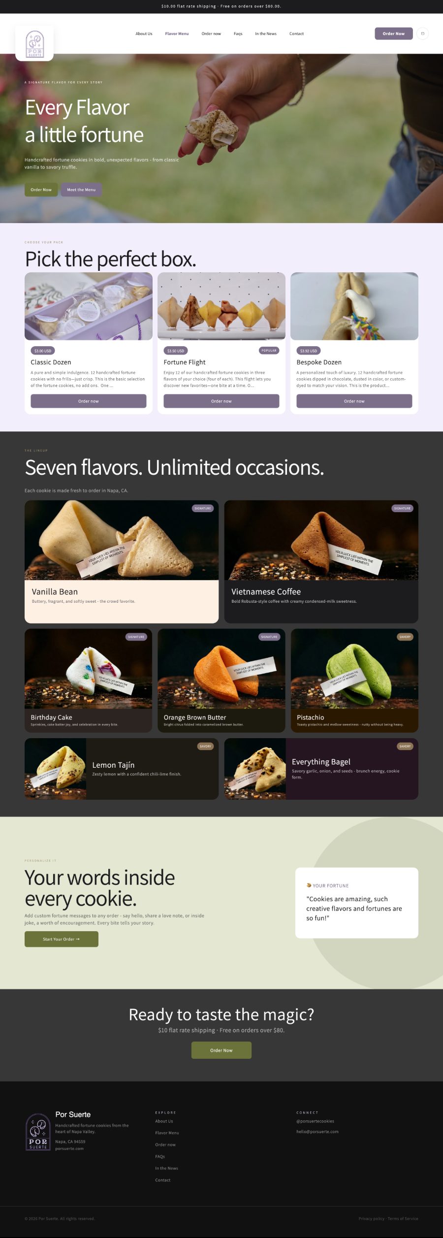 The Por Suerte flavor menu — the “Every Flavor a little fortune” hero, Pick the perfect box, the seven-flavor grid from Vanilla Bean to Everything Bagel, and the custom fortune section.