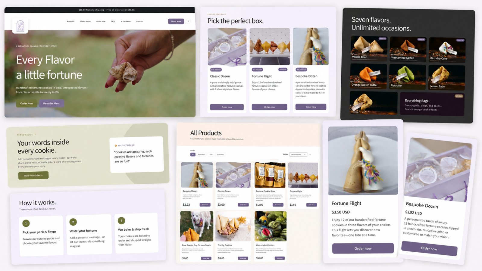 The Por Suerte website shown as a showcase board — the “Every Flavor a little fortune” homepage, the Pick the perfect box pack cards, the seven-flavor grid, the custom fortune and How it works panels, the All Products page, and the Fortune Flight and Bespoke Dozen product cards.