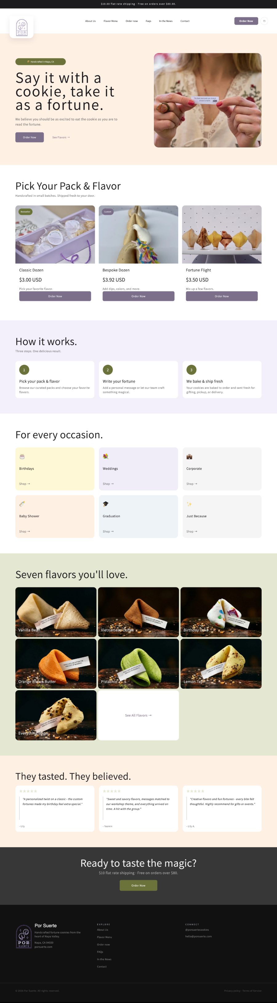 The Por Suerte homepage — the “Say it with a cookie, take it as a fortune” hero, Pick Your Pack & Flavor, How it works, For every occasion, the seven-flavor grid, testimonials, and the final order CTA.