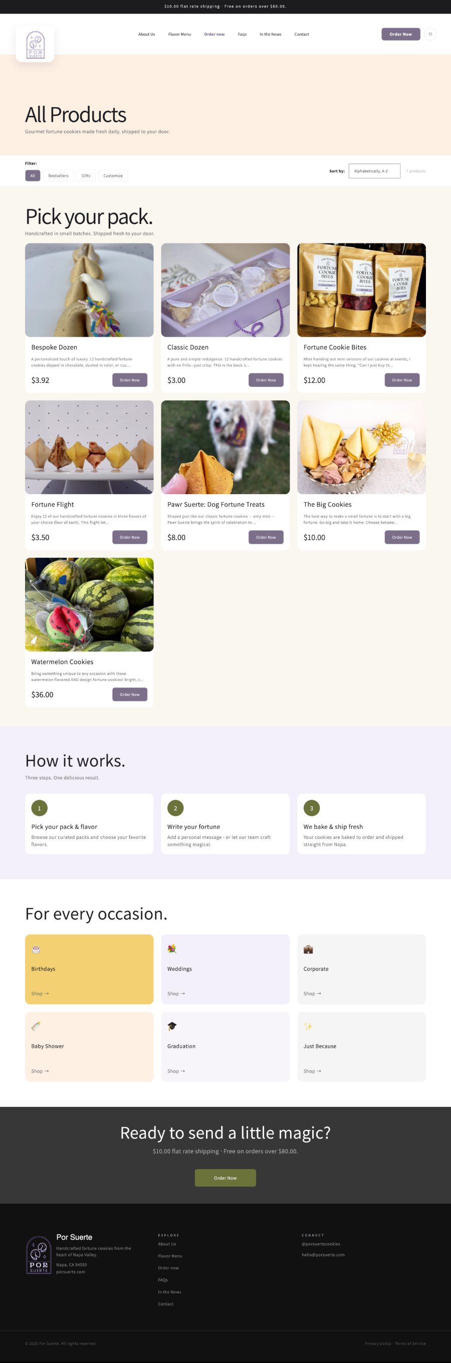 The Por Suerte All Products page — the filter and sort strip, the product grid with prices and order buttons, How it works, and the occasion cards.
